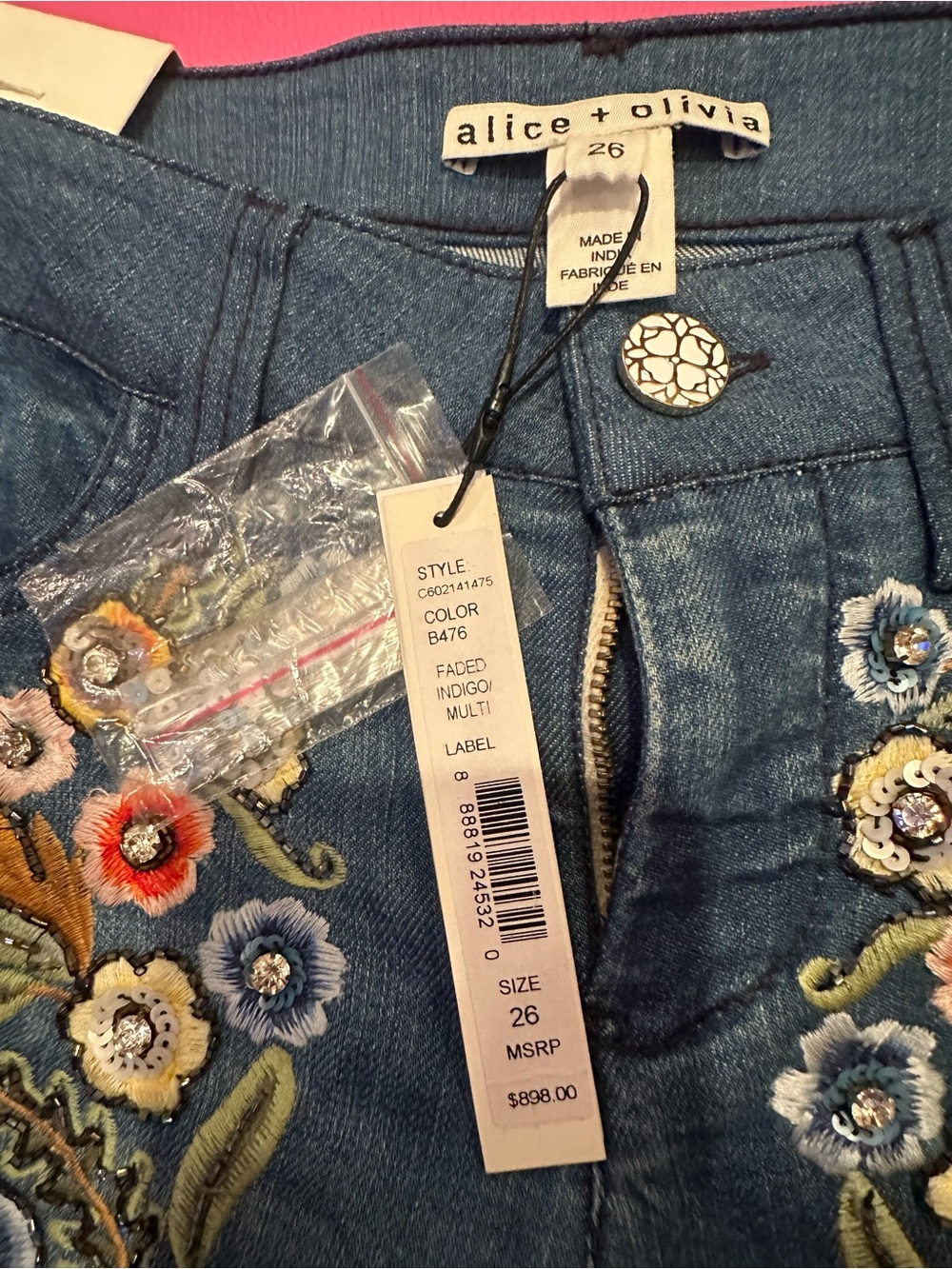 Alice + Olivia Blue Flare Jeans with Multicolor Floral Crystal bead Embroidery - Picture 5 of 12